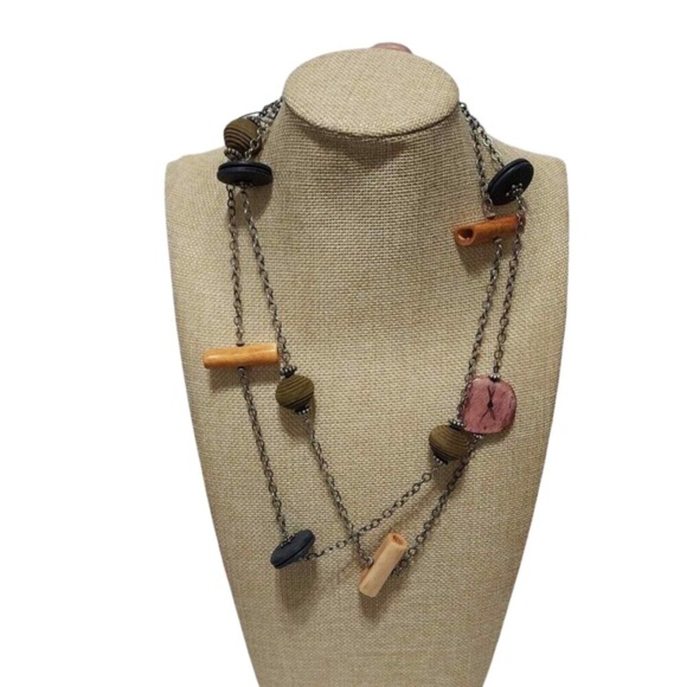 Aris by Treska‎ Long Mixed Media Wood Bead Gunmetal Chain Necklace Boho Artsy